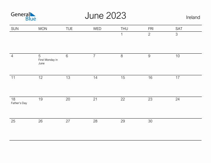 Printable June 2023 Calendar for Ireland