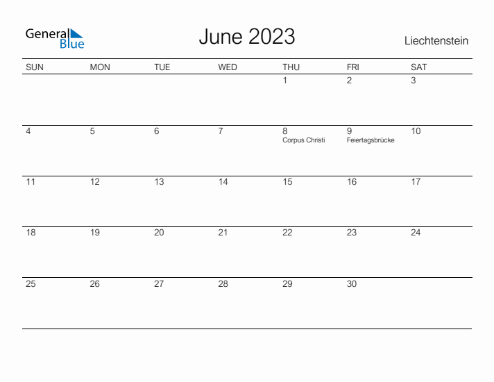 Printable June 2023 Calendar for Liechtenstein