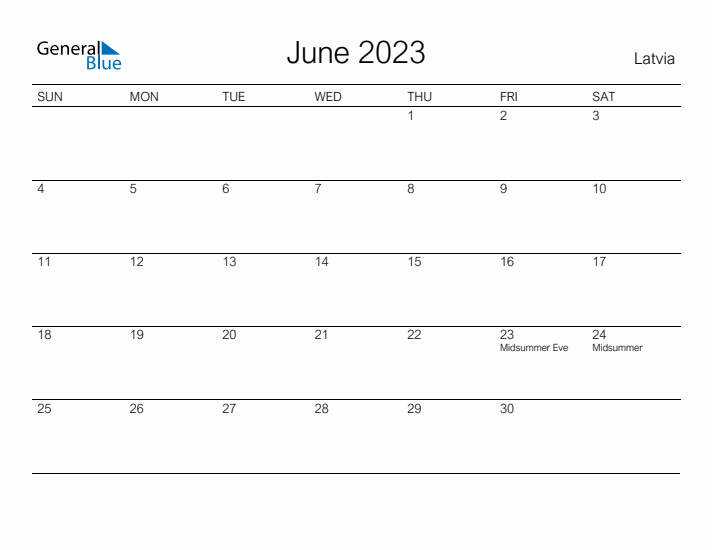 Printable June 2023 Calendar for Latvia