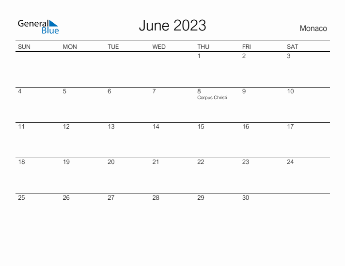 Printable June 2023 Calendar for Monaco