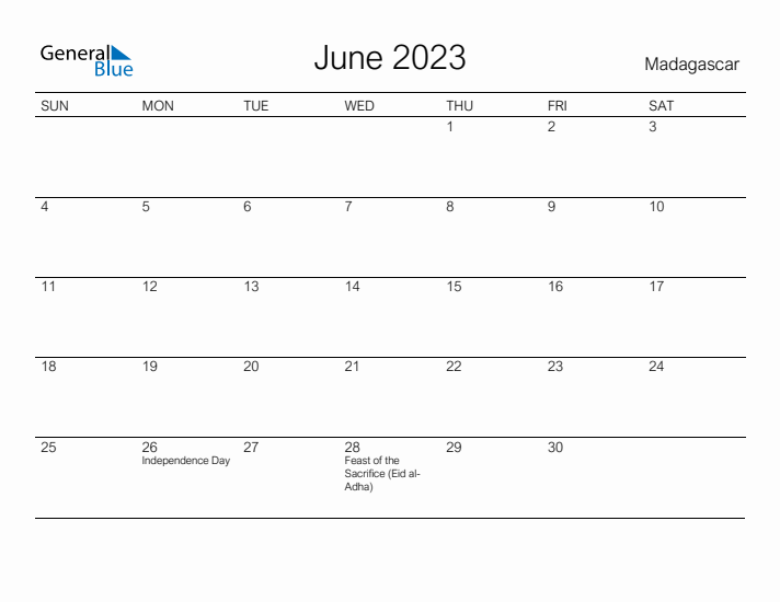 Printable June 2023 Calendar for Madagascar
