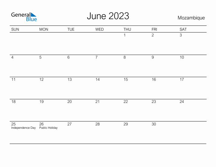 Printable June 2023 Calendar for Mozambique