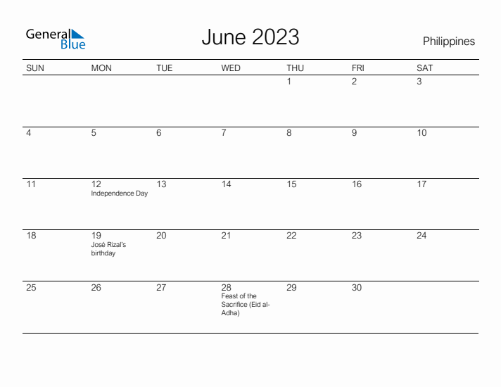 Printable June 2023 Calendar for Philippines