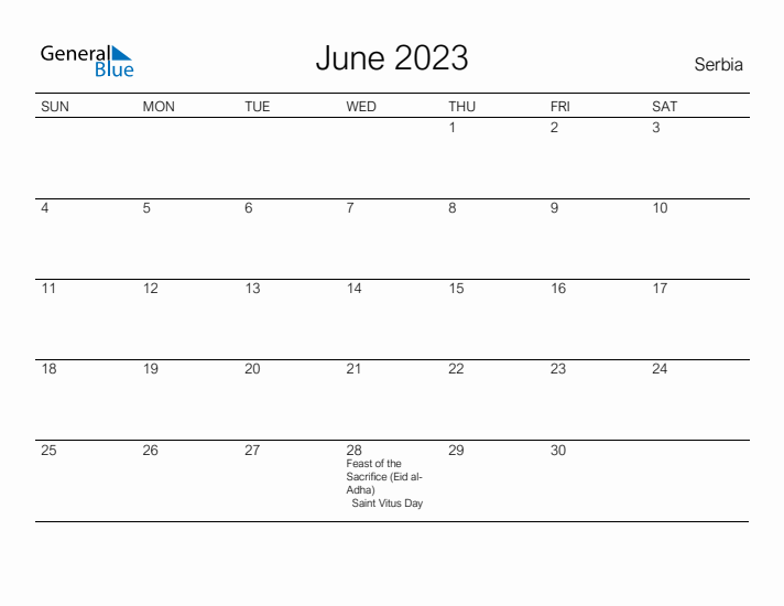 Printable June 2023 Calendar for Serbia