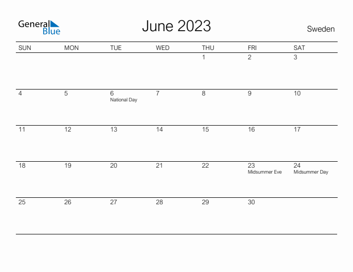 Printable June 2023 Calendar for Sweden