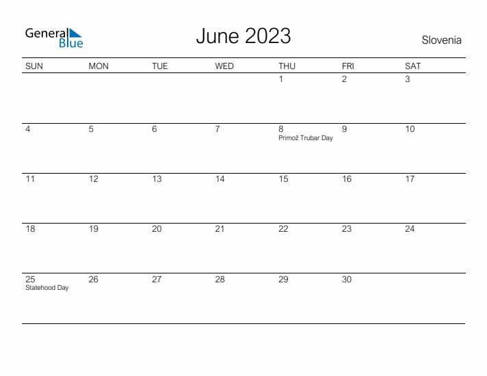 Printable June 2023 Calendar for Slovenia