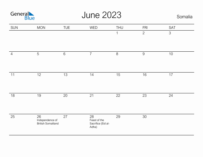 Printable June 2023 Calendar for Somalia