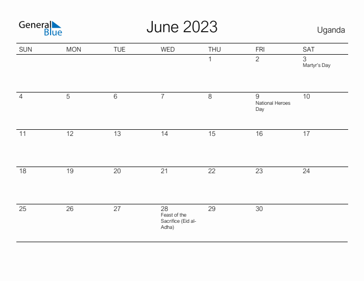 Printable June 2023 Calendar for Uganda