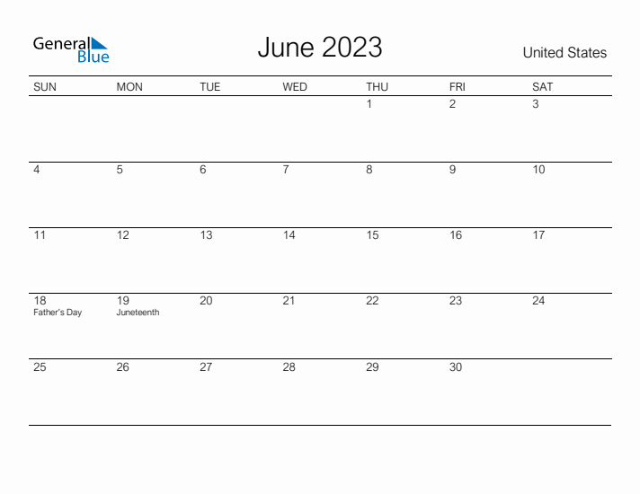 Printable June 2023 Monthly Calendar with Holidays for United States