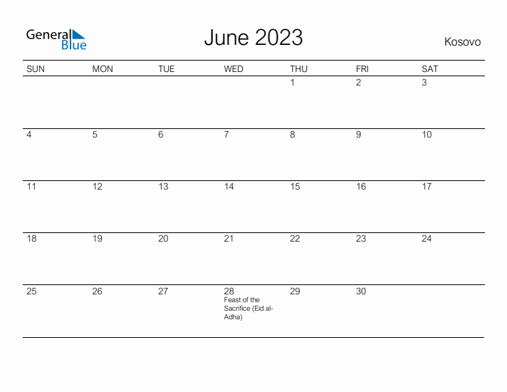 Printable June 2023 Calendar for Kosovo