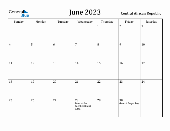 June 2023 Calendar Central African Republic