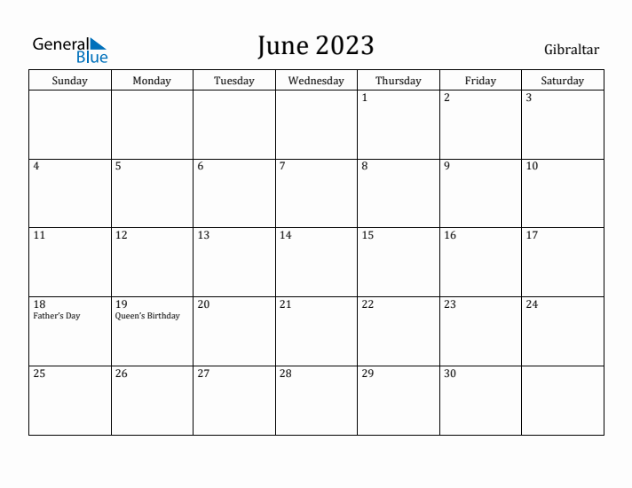 June 2023 Calendar Gibraltar