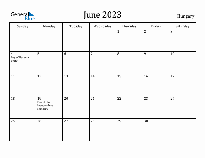 June 2023 Calendar Hungary