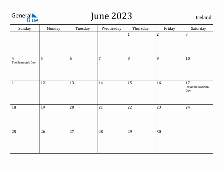 June 2023 Calendar Iceland