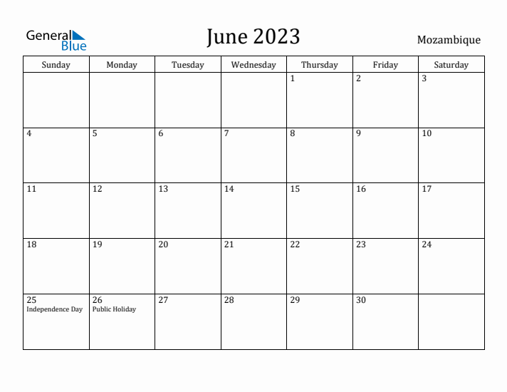 June 2023 Calendar Mozambique