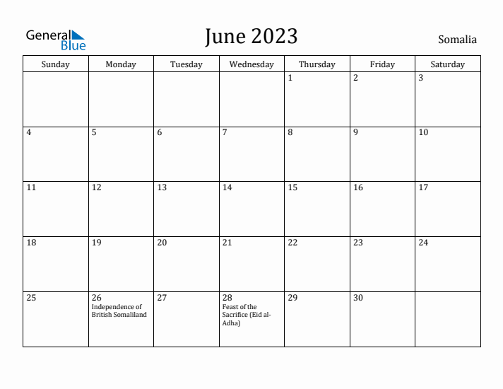 June 2023 Calendar Somalia