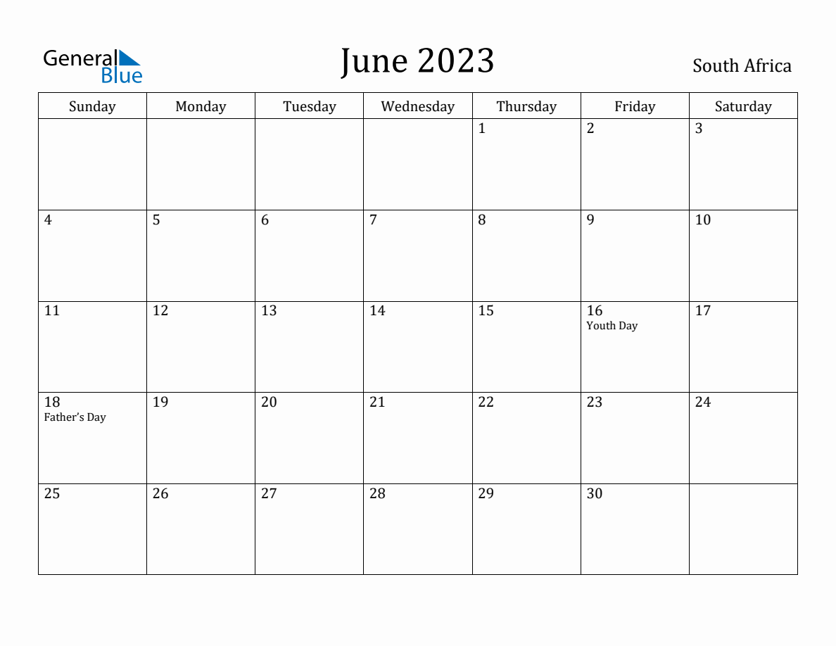 June 2023 monthly calendar with holidays in South Africa