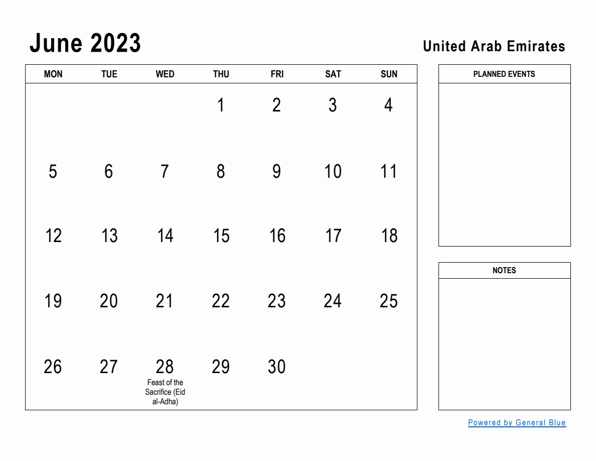 June 2023 Planner with United Arab Emirates Holidays