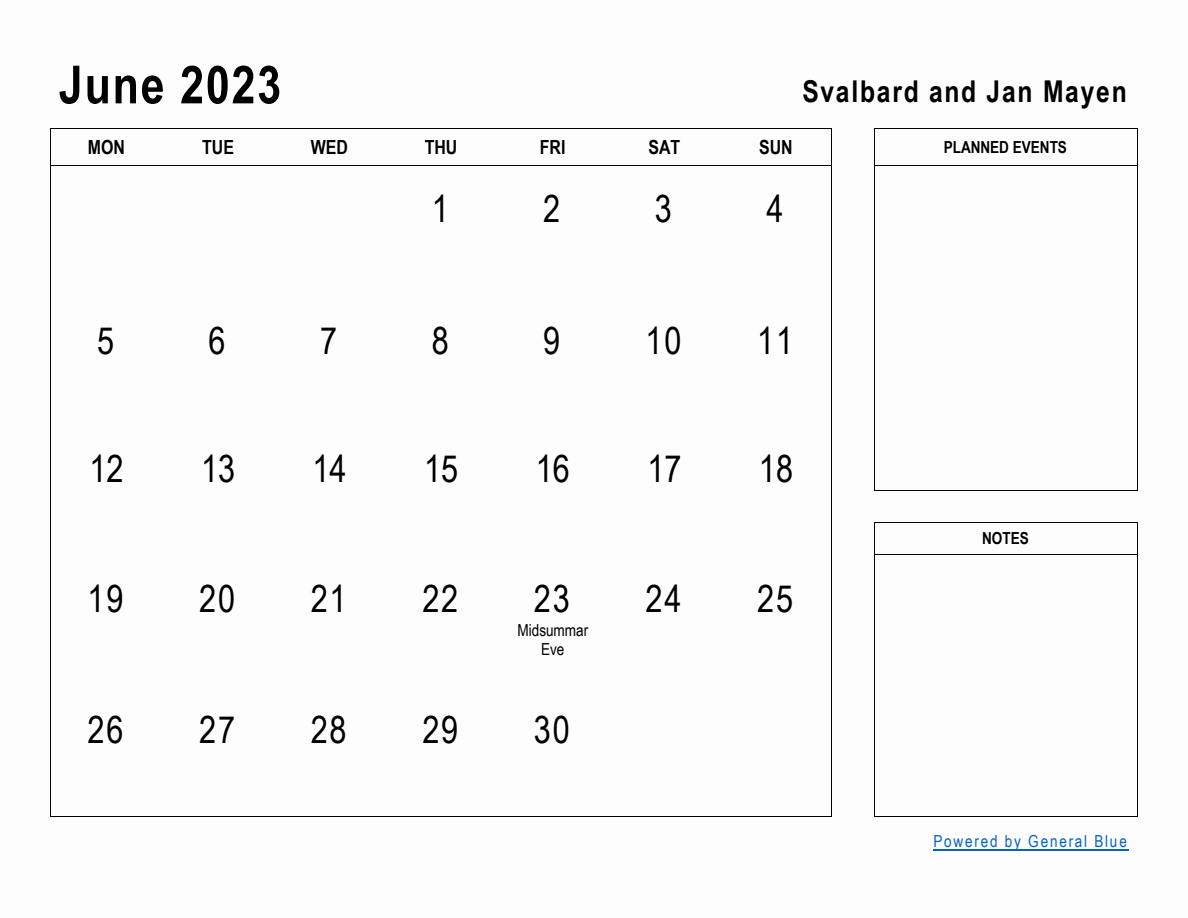 June 2023 Planner with Svalbard and Jan Mayen Holidays