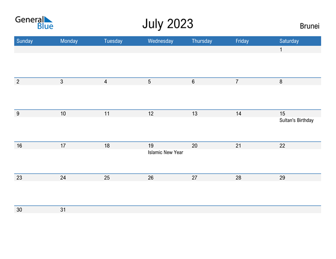 Brunei July 2023 Calendar with Holidays