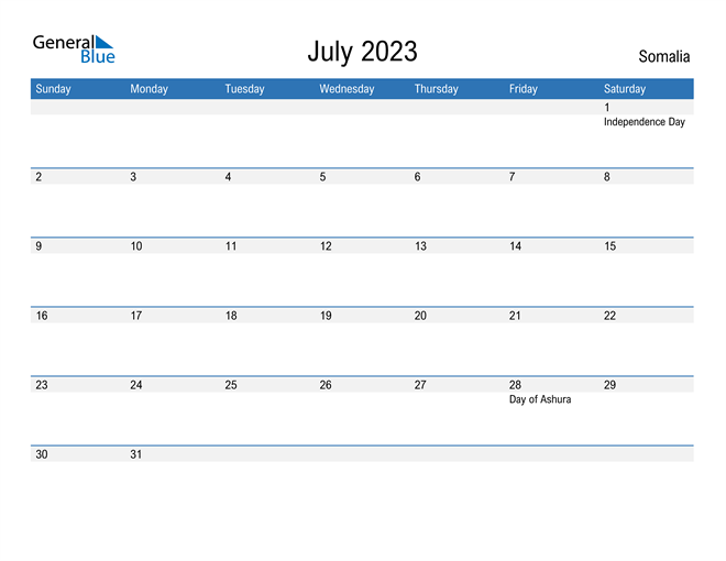 Somalia July 2023 Calendar with Holidays