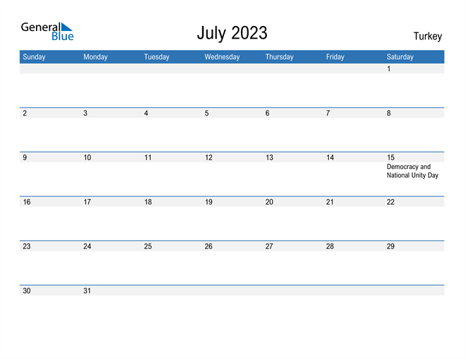 July 2023 Calendar with Turkey Holidays