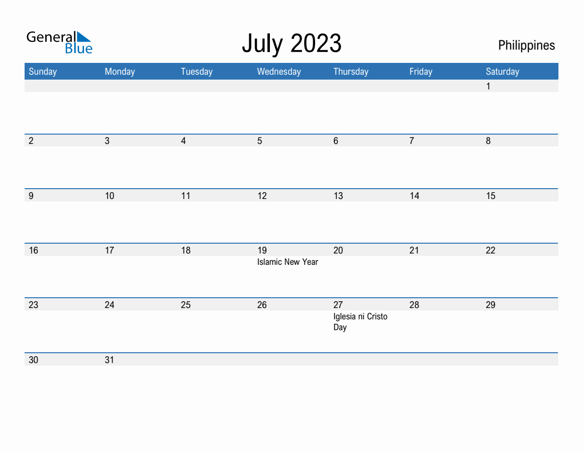 July 2023 Monthly Calendar with Philippines Holidays