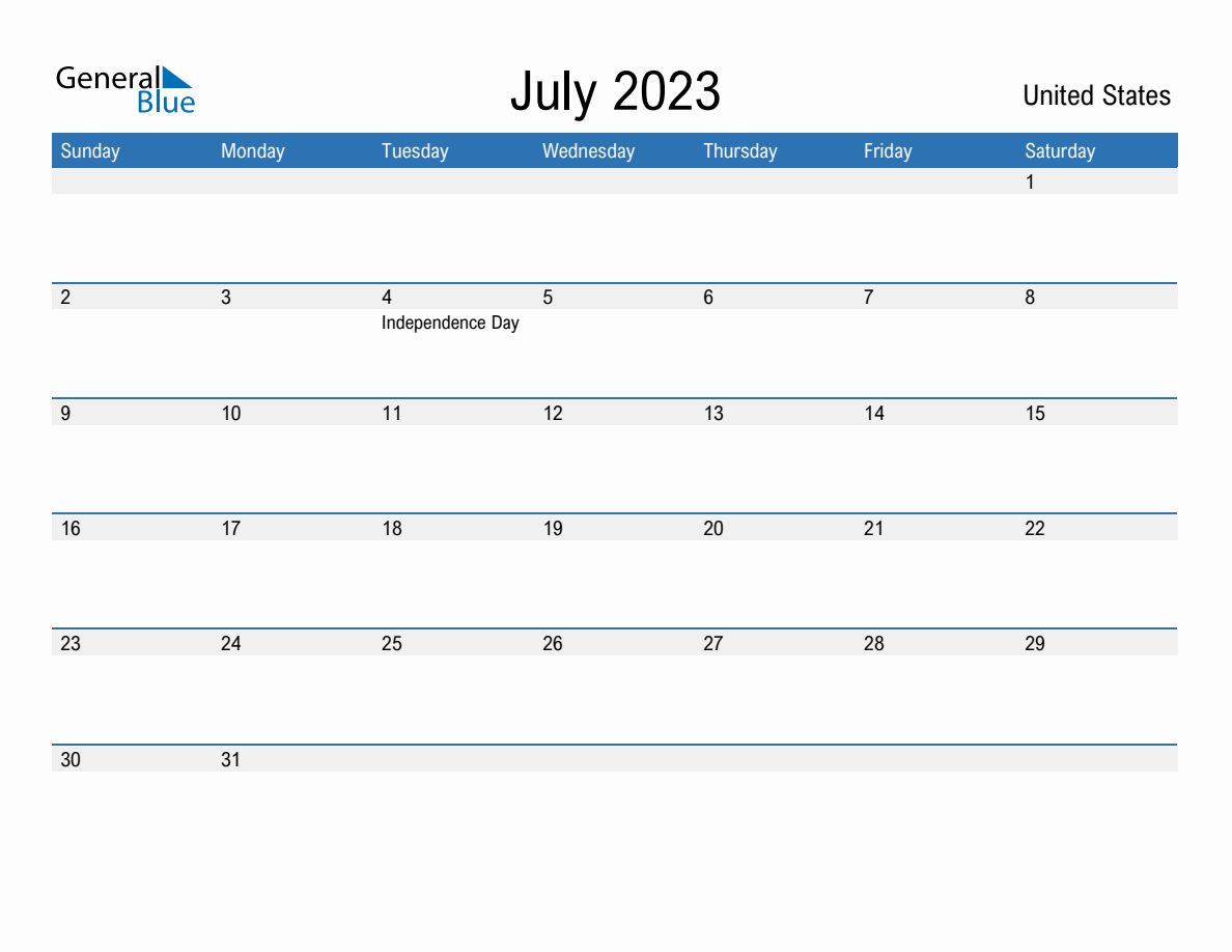 Editable July 2023 Calendar with United States Holidays