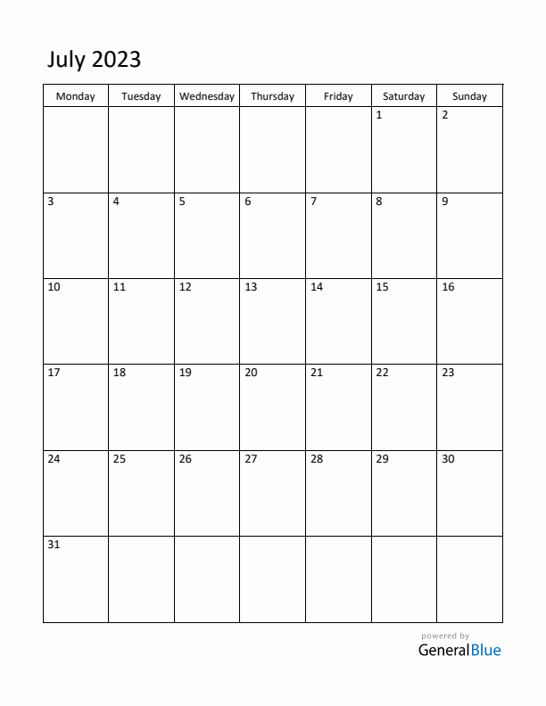 Monday Start Calendar for July 2023