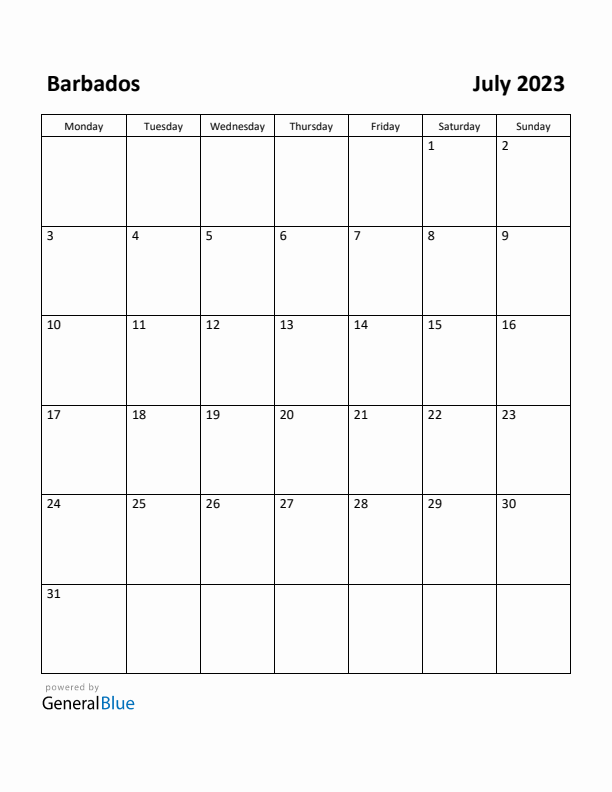 July 2023 Calendar with Barbados Holidays