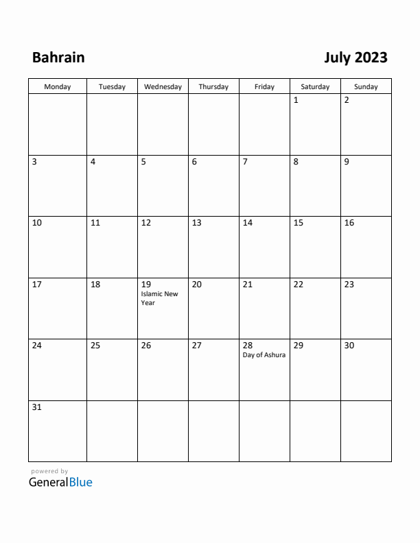 July 2023 Calendar with Bahrain Holidays
