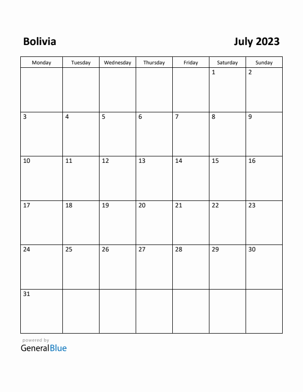 July 2023 Calendar with Bolivia Holidays
