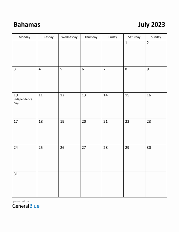 July 2023 Calendar with Bahamas Holidays
