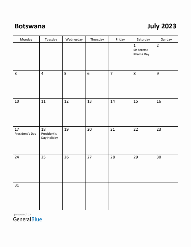 July 2023 Calendar with Botswana Holidays