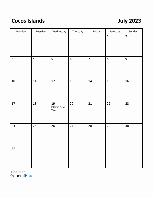 July 2023 Calendar with Cocos Islands Holidays