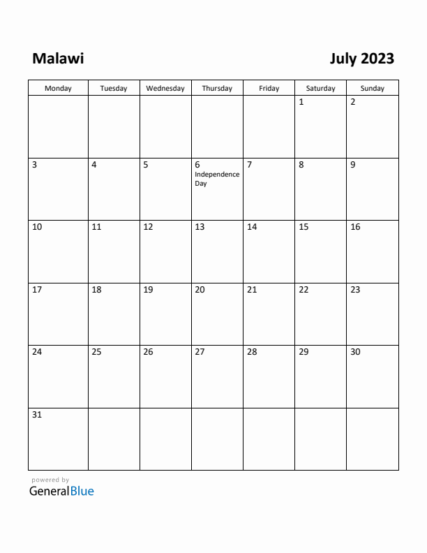 July 2023 Calendar with Malawi Holidays