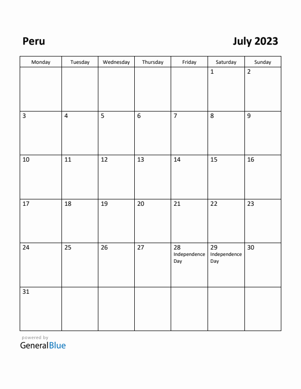 July 2023 Calendar with Peru Holidays