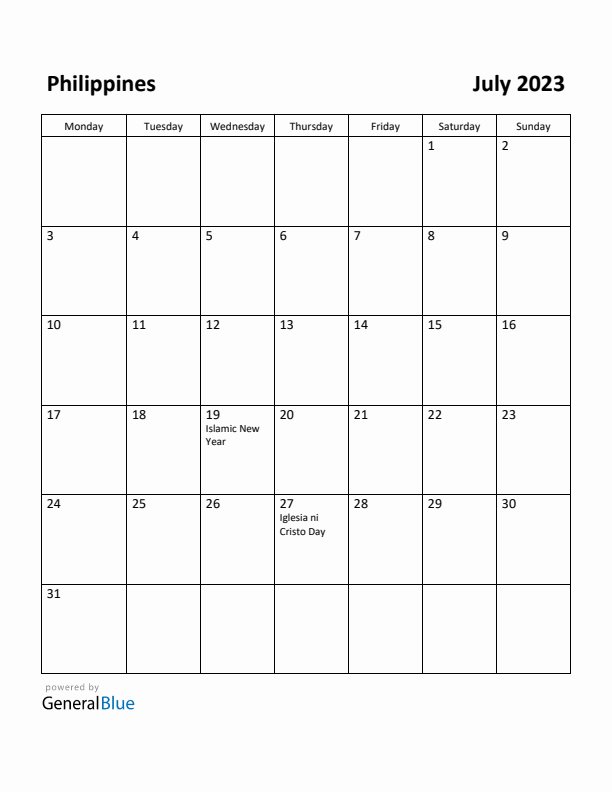 July 2023 Calendar with Philippines Holidays