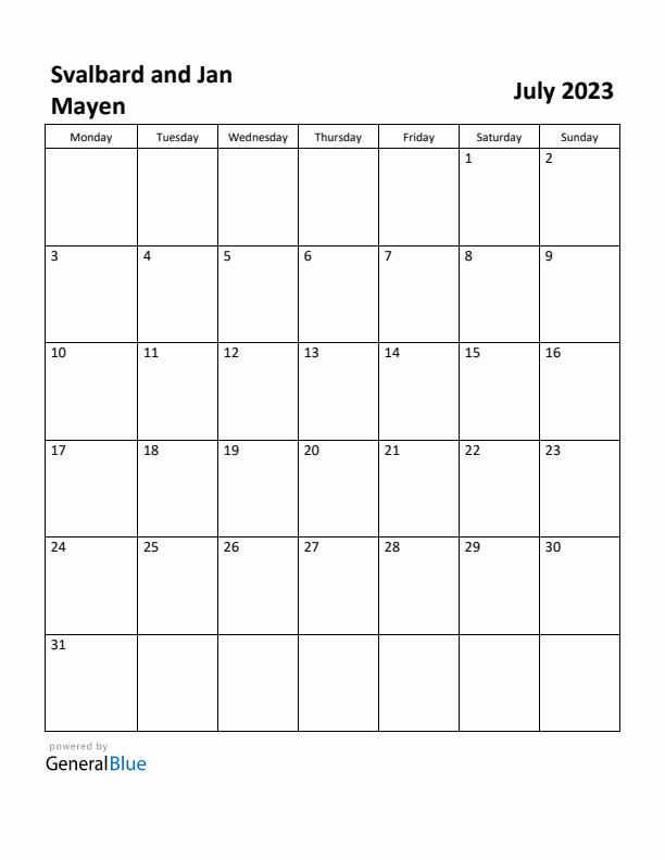 July 2023 Calendar with Svalbard and Jan Mayen Holidays