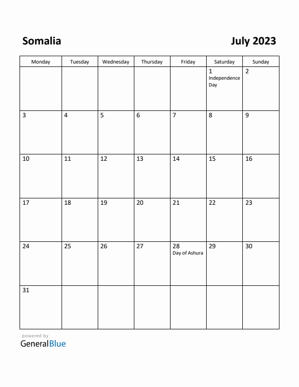 July 2023 Calendar with Somalia Holidays