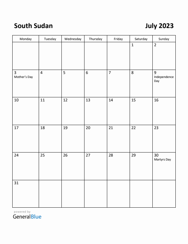 July 2023 Calendar with South Sudan Holidays