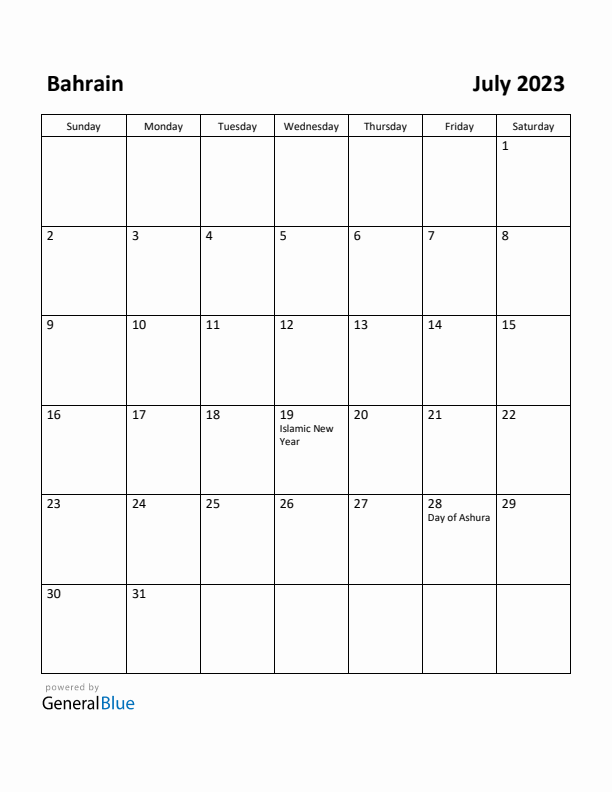 July 2023 Calendar with Bahrain Holidays