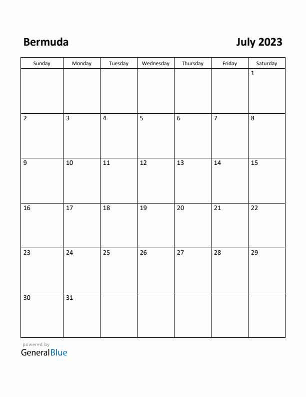 July 2023 Calendar with Bermuda Holidays