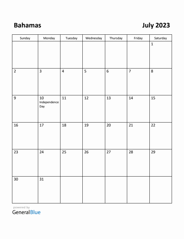 July 2023 Calendar with Bahamas Holidays