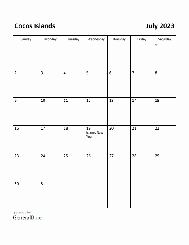 July 2023 Calendar with Cocos Islands Holidays