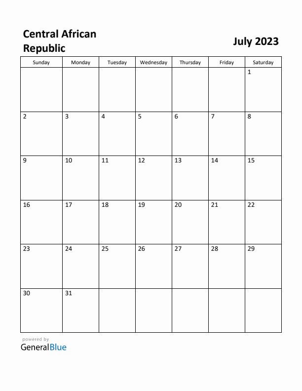 July 2023 Calendar with Central African Republic Holidays