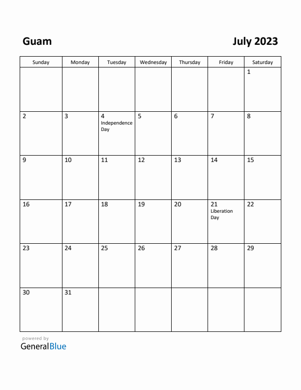 July 2023 Calendar with Guam Holidays
