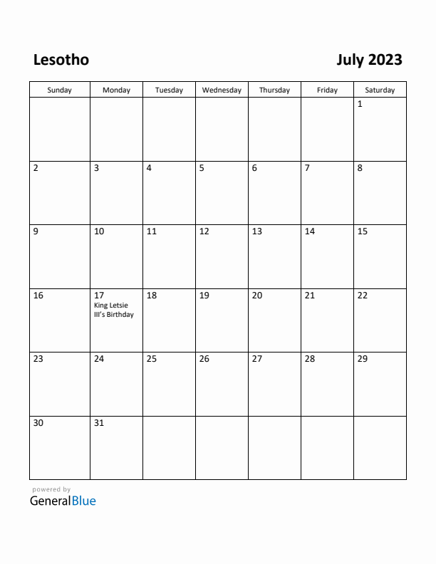 July 2023 Calendar with Lesotho Holidays