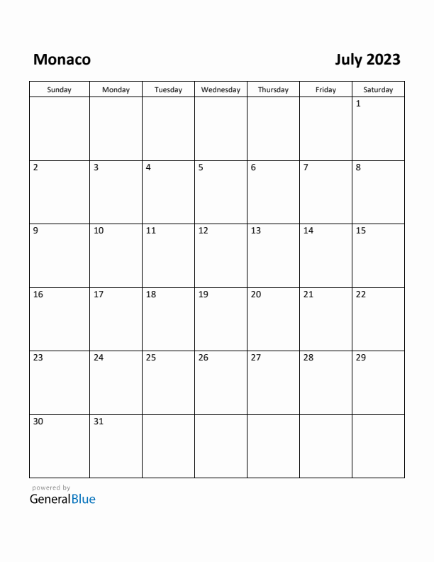 July 2023 Calendar with Monaco Holidays
