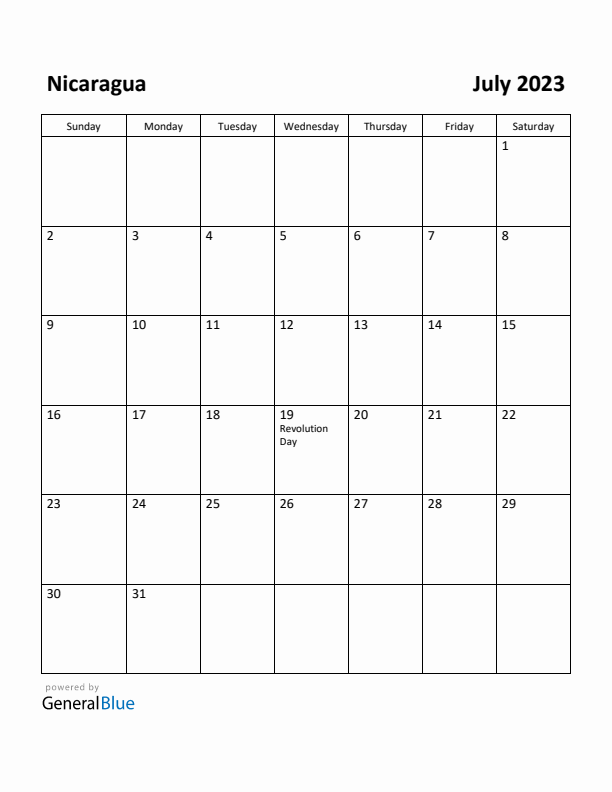 July 2023 Calendar with Nicaragua Holidays